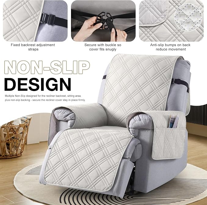 TAOCOCO 100% Waterproof Recliner Chair Covers, Non Slip Recliner Covers for Recliner Chair with Pocket, Washable Reclining Chair Cover Furniture Protector for Kids,Dogs(22'', Off White) - Image 6