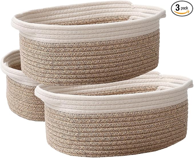 JMvicyroam Small Woven Basket, Empty Gift Basket, White&Oatmeal/3 Pack | Small Gift Basket, Cotton Rope, 12 x 8 x 74 in, Handles, Includes Ribbon and Bag, Birthday Gift Basket by JMvicyroam