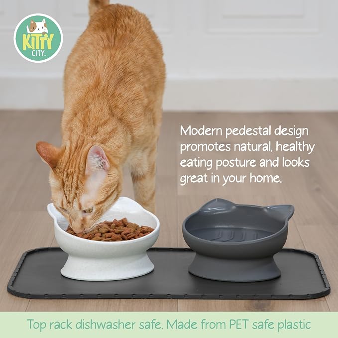 Kitty City Elevated Slow Feeder Cat Bowls (Set of 2), Whisker-Friendly Raised Cat Food Dishes with Ridges, Helps Reduce Fast Eating & Digestion Issues, Dishwasher Safe, 10.8 oz – White & Gray - Image 2