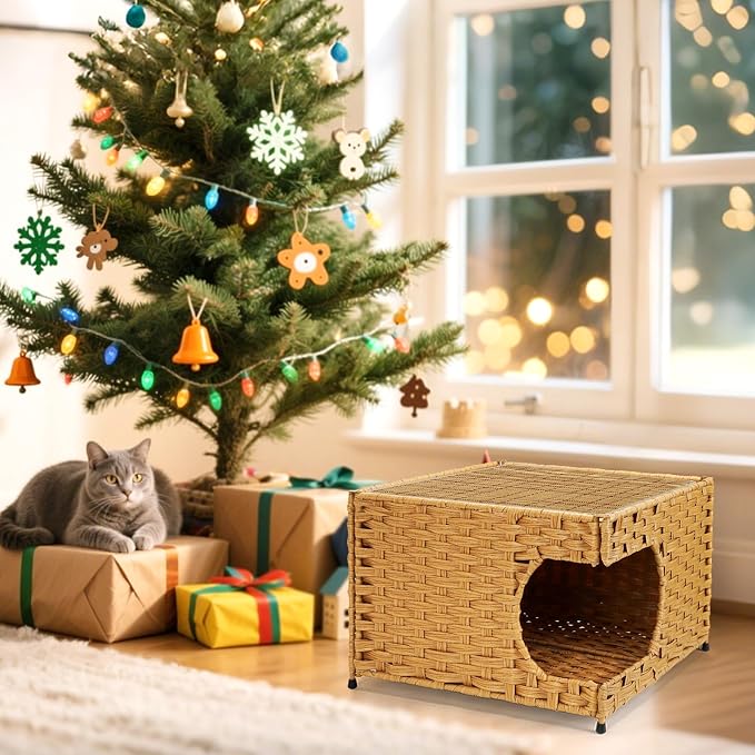 Cat House for Indoor Cats - Wicker Cat Bed with Double-Sided Soft Cushion, Decorative Handwoven Pet Bed Furniture - Image 7