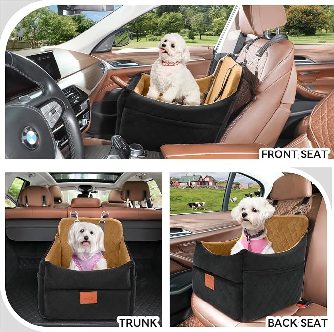 GL GLENSLAVE Dog Car Seat for Small/Medium Dogs, Dog Booster Car Seats with Thick Cushion for Dogs Under 35lbs, Detachable Washable Pet Carseat with Storage Pockets, 2 Safety Belts(Black/Coffee) - Image 2