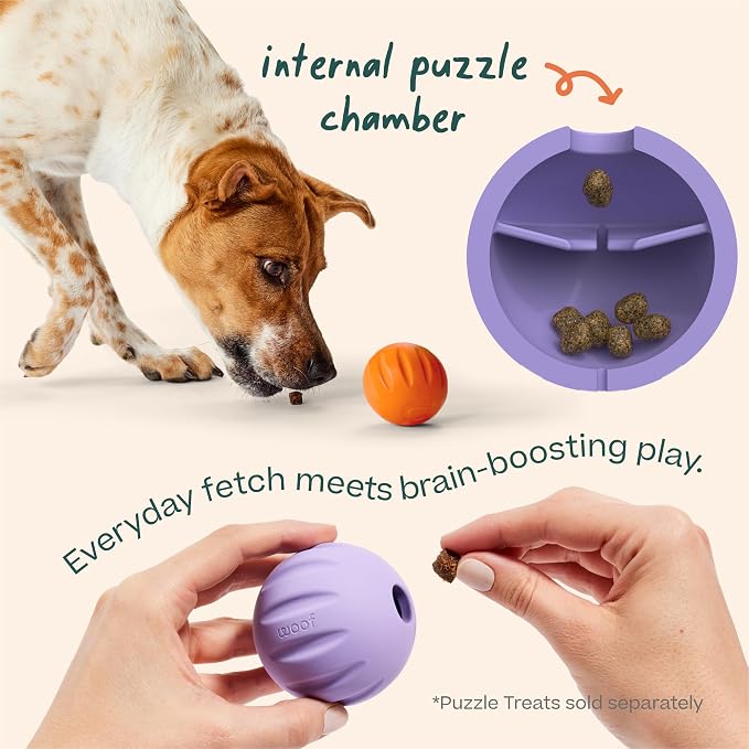 WOOF Flyball Fetch Ball & Dog Treat Dispenser Toy, 3-Pack | 2-in-1 fetch ball, fits standard ball launchers, treat dispenser, durable rubber, dishwasher safe, puzzle enrichment - Image 4