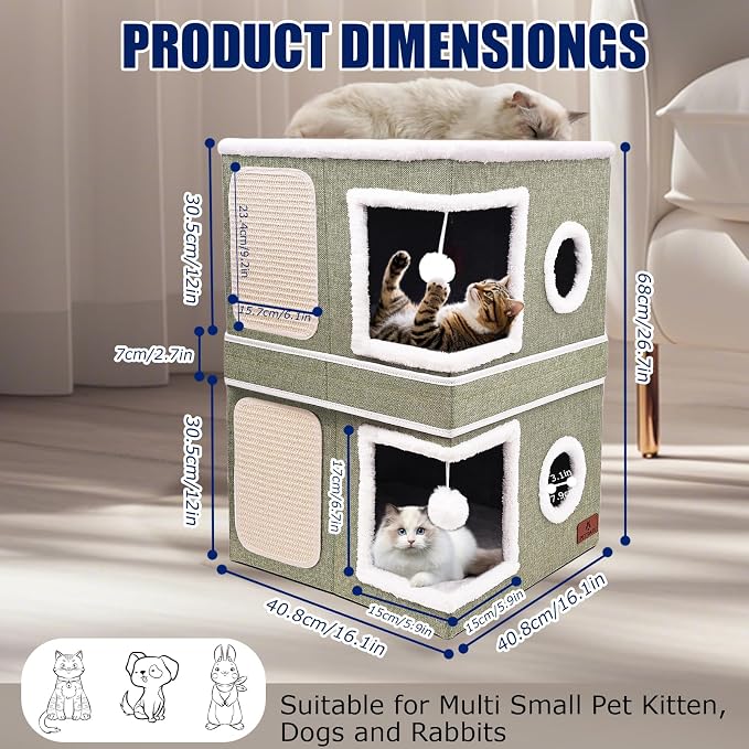 2-Story Cat House for Indoor Cats, Dual-Purpose Cave Bed with Scratch Pad and Fluffy Ball, Foldable Cat Hideaway, Cute Condo Furniture for Multi Small Pet Kitten, Green - Image 2