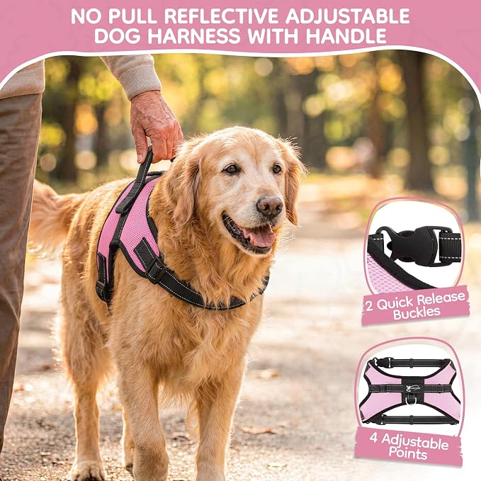 No Pull Reflective Adjustable Dog Harness With Handle- Comfortable Soft All Weather Mesh, Easy On Puppy Harness For Small Medium and Large Dogs (Pink) Large - Image 2