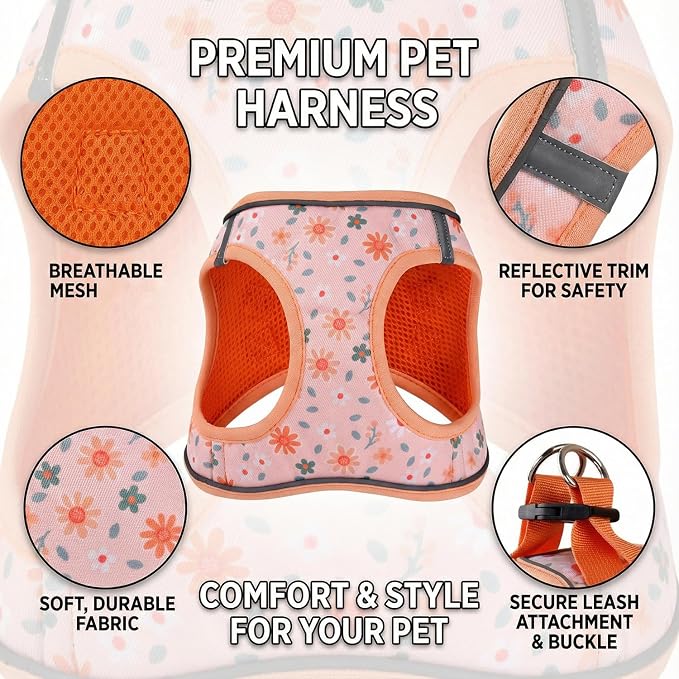 Mihqy Step in Dog Harness and Leash Set, Breathable Mesh, Orange Floral,M | Reflective, Adjustable No Pull Harnesses for Small Dogs, Lightweight Vest Harnesses, Fashion Floral Design - Image 3