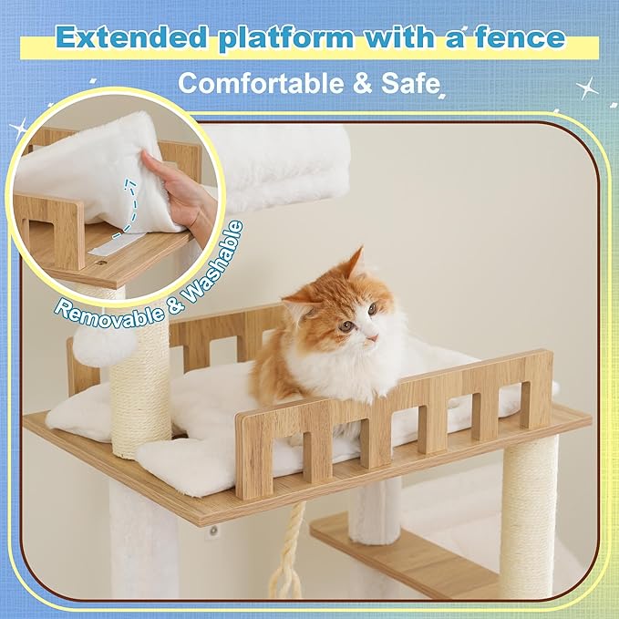 Hey-brother Wooden Cat Tree, Furniture Tower with Large Platforms, MPJ121BT | 69.7 inch, Modern Full Sisal Scratching Posts, Hammocks, Spacious Condo, Ladder, Brush, Water Proof Surface, White Oak - Image 3