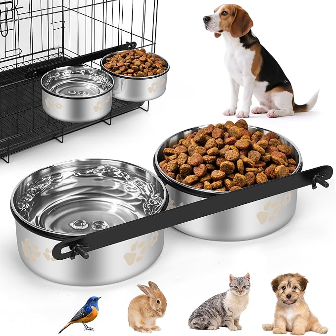No Spill Dog Crate Water Bowls, 40oz Stainless Steel Dog Food and Water Bowl Set for Large/Medium/Small Pets, Detachable Hanging Pets Bowls for Cage, Kennel, Crate,Convenient for Adding Food and Water by DricRoda