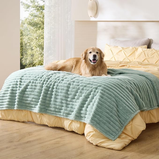 Bedsure ComfyFleece™ Waterproof Blanket for Bed, Twin（60"x80"） Garden Green | Soft Plush Couch Bed Cover Corduroy Fleece for Furniture Protector, Cozy Calming Reversible Dog Blankets for Large Dogs Pet by BEDSURE