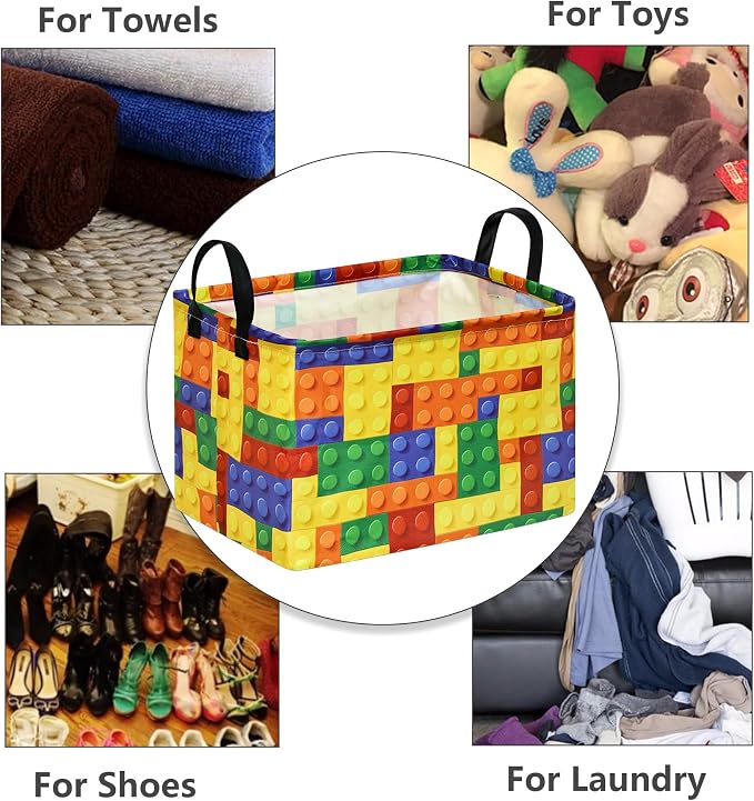 Colorful Building Blocks Print Storage Basket, Waterproof Lining Organizer Bins, Leather Handles, Collapsible for Kids Toys, Clothes, Laundry, Gift Basket - Image 6