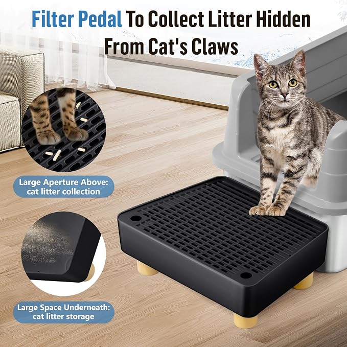 Extra Large Cat Litter Box Step Ramp, Cat's Litter Catcher Mat with Wooden Feet, Filter Function, Pedal Stool for Self-Cleaning Cat Litter Box, Ideal for Kitten & Elderly Cats (Black) - Image 3