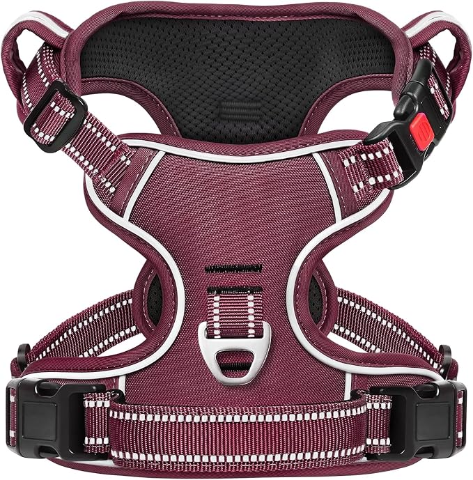 Timos Dog Harness, No Pull Large Sized with 3 Buckles, Burgundy, XL | Reflective, No Choke, Easy On & Off, Adjustable Soft Padded, Front & Back 2 Clips and Control Handle for Walking Training by Timos