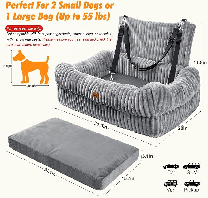 Pawaboo Dog Car Seat Bed, Memory Foam Booster for Medium/Large Dogs, Gray | Rear-seat pet travel bed with washable cover, safety leashes, thick cushion, and room for 2 small dogs - Image 2