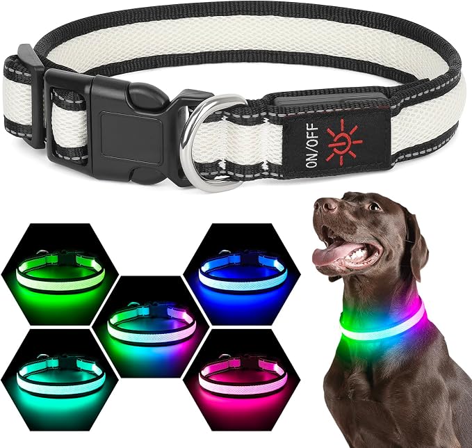 Flashseen Multicolor LED Light Up Dog Collar, RGB 9-Mode, USB Rechargable | Super Bright Lighted Dog Collar, Adjustable Soft Mesh, Glow Collar for Dog Night Walking (White, M) - Image 2