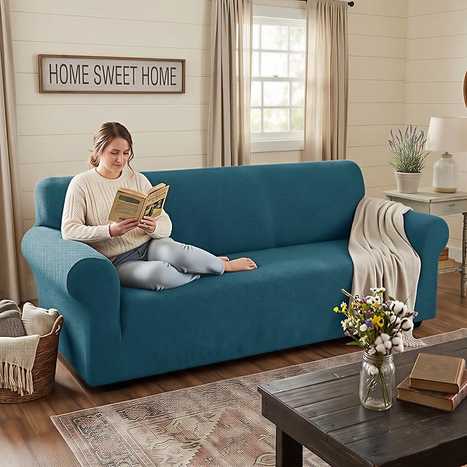 XINEAGE Stretch Jacquard Sofa Cover, Non Slip Sofa Slipcover for Dog | High-Stretch Fabric. Wear-Resistant, Pet Friendly. Easy Install & Washable for Living Rooms, Offices.Peacock Blue - Image 3