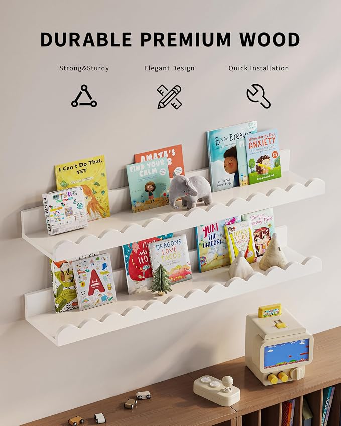 G&W Gruwald Nursery Book Shelves, Set of 3, Nursery Decor for Baby and Toddler, Scalloped Shelves, Book Shelf for Kids Rooms, Wall Book Shelf for Bedroom Kids, Floating Shelf for Wall - Image 5