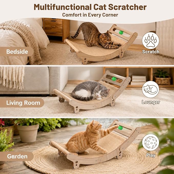 31.5" Sisal Cat Scratcher Bed with Bell Balls Wooden Cat Furniture(XXL) | Cat Scratching Post for Indoor Cats Hammock.Natural Sisal Cat Scratch.Anti Slip and Stable Without Shaking.Easy to install - Image 6