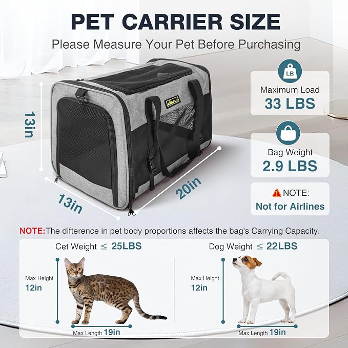 Pet Carrier 20"x13"x13", Foldable Soft Travel Bag for Cats & Dogs | Portable carrier with anti-scratch mesh and sturdy support. Fits two cats, small dogs and pets up to 25 lbs for travel. - Image 3