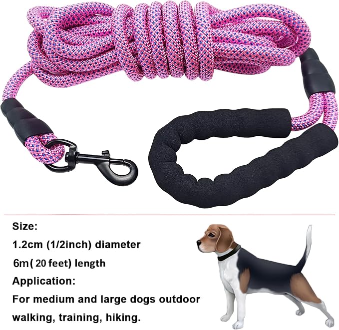 MayPaw 20ft Heavy Duty Long Rope Dog Leash, 1/2-In Thick Training Dog Lead | 3/6/8/10/12/15FT Lengths Soft Padded Handle Nylon Pet Leash for Large Medium Dogs (pink-blue dot, 1/2" * 20') - Image 4