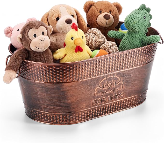 Zonon Metal Dog Toy Storage Bin with Handles 21 Quart Vintage Decorative Basket for Dog Ropes Food Living Room Decor, Galvanized Steel Pet Toy Organizer, 18x11.5x7.5 Inch(Chewing Stick) by Zonon