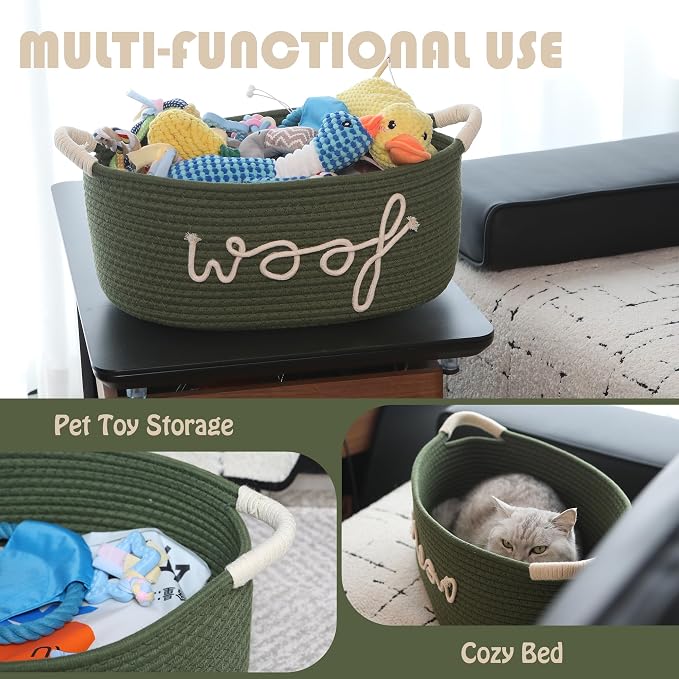 Sea Team Dog Toy Storage Basket with Handles, Green Woof | Large Cotton Rope Storage Bin, Shelf Basket, Organizer for Pet Chew Toys, Foods, 16.5 x 11 x 7 Inches, 4.4 Gallons - Image 6