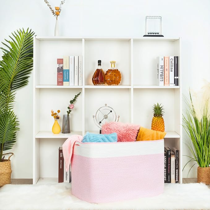 MINTWOOD Design 112L Extra Large Blanket Basket Holder Living Room, 25"x17"x16" Rectangle Rope Woven Storage Basket with Handles for Laundry, Towels, Shoes, Dog Toy Organizer Bin Box, Light Pink - Image 5