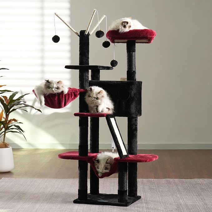 Hey-brother Cat Tree Tower with Padded Platform Bed, Hammock, MPJ019-SBR | 53 Inches Cat House with Large Cozy Condo, Toy Balls and Sisal Scratching Posts for Indoor Multi-Cats, Black and Red - Image 2