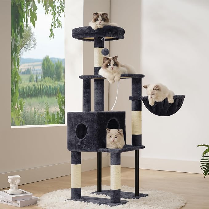 Heybly Cat Tree with Toy, 49.2 inch Cat Tower for Indoor Cats HCT200SG | Spacious Cat House Condo with Hidden Space，Soft Plush Top Perch，Cozy Hammock and Sisal Scratching Posts, Smoky Gray - Image 5