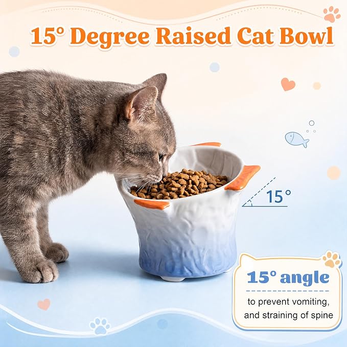 Tioncy 2 Pcs Raised Tilted Ceramic Cat Food Bowl Fish Shape Cute Elevated Slanted Shallow Angled Cat Dish Non Slip Feeder Bowl for Anti-Vomiting and Fatigue (Blue,Orange) - Image 5