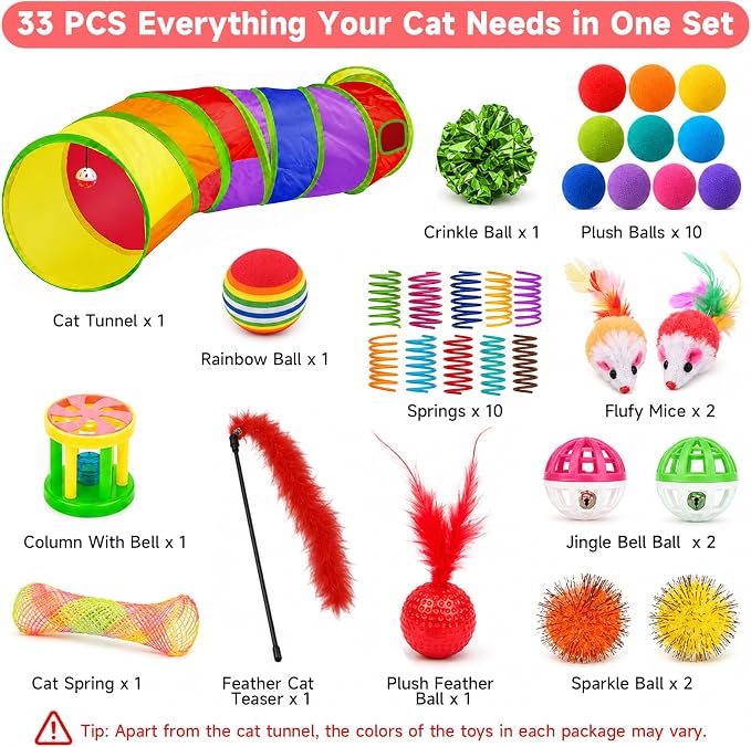 AILUKI 33PCS Cat Toys Variety Pack for Indoor Cats, Kitten Toys Cat Tunnel | Kitten Toys for Indoor Kittens Cat Toy Bundle Set with Feather Teaser Wand, Springs Balls Bell Mice & Interactive Cat Toys - Image 2