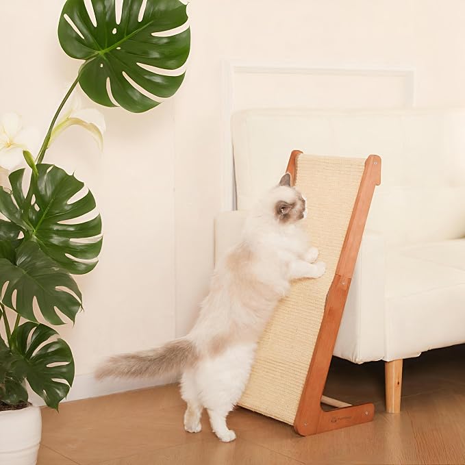 Large-28.5" Sisal Cat Scratcher of L-Shaped Solid Wood Cat Scratching Post - Beechwood Base, Natural Sisal Woven Scratching Pad, Durable, Furniture Protector for Cats' Clawing and Play by FaithSooc