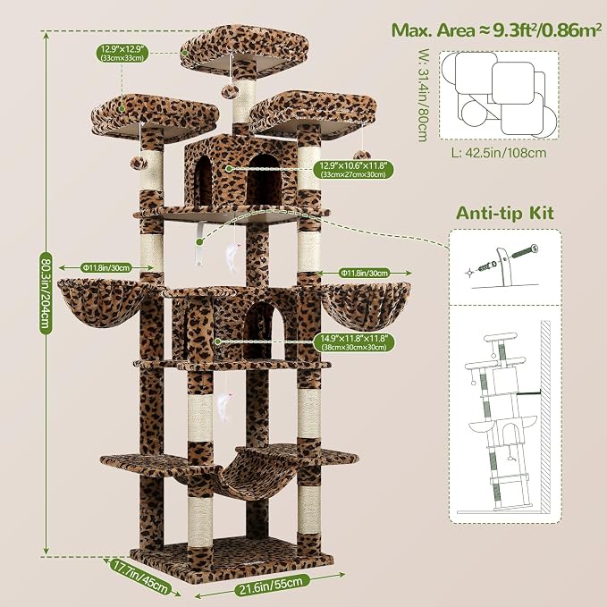 Globlazer Big XXL Cat Tower for Indoor Multiple Cats, F80, Leopard Print | 80 inch Cat Tower for Adult Cats Cat Tree with Scratching Post, Hammock, 3 Perches, 2 Condos, 2 Hanging Basket - Image 7