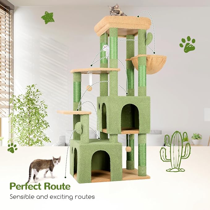 Globlazer Heavy Duty Cactus Cat Trees for Big Cats Maine Coon, F61, Green | Cat Tower for Indoor Large Adult Cats with Scratching Post, Extra Large Top Perch, Cat Condos, 61inch - Image 7