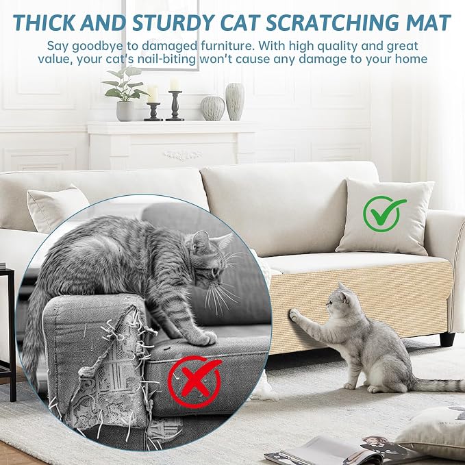 Heavy Duty Cat Scratch Mat for Couch (Khaki, 39.3" x 15.8") | Self-Adhesive Trimmable Cat Scratcher Carpet, Furniture Protector & Climbing Pad for Cats, Sofa, Door & Cat Tree - Image 5