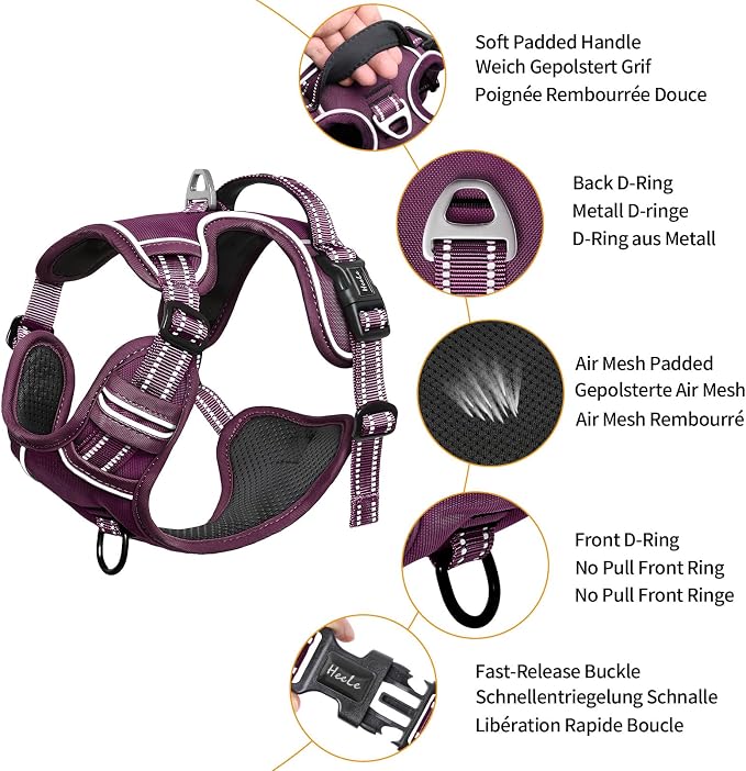 HEELE Dog Harness for Medium Dogs No Pull Dog Vest Harness with Soft Padded Handle Reflective for Outdoor Training, Purple(Matching Trim), M | Soft Breathable Padded for Medium Harness, No Pull No Choke, Adjustable 2 Metal Rings for Outdoor Walking Tra... - Image 2