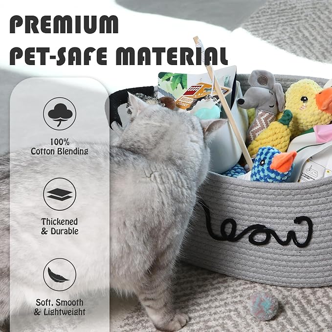 Sea Team Cat Toy Storage Basket with Handles, Gray Meow | Large Cotton Rope Storage Bin, Shelf Basket, Organizer for Pet Chew Toys, Foods, 16.5 x 11 x 7 Inches, 4.4 Gallons - Image 4
