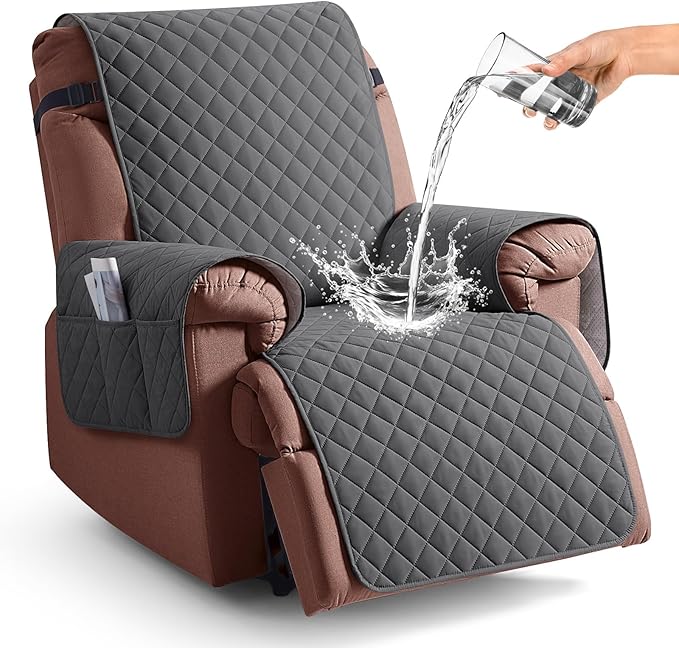 KinCam 100% Waterproof Recliner Chair Covers Washable, 30", Charcoal Gray | Anti Slip Reclining Couch Covers for Pets Dog, Recliner Sofa Slipcover Storage Pocket, Furniture Protector with Elastic Strap by KinCam