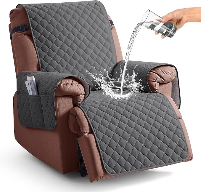 KinCam 100% Waterproof Recliner Chair Covers Washable, 23.6", Charcoal Gray | Anti Slip Reclining Couch Covers for Pets Dog, Recliner Sofa Slipcover Storage Pocket, Furniture Protector with Elastic Strap by KinCam