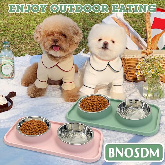 BNOSDM 2 Pcs Double Dog Food Bowls, Stainless Steel Small Dog Food and Water Bowls with Non-Spill Plastic Mat, Pet Cat Feeder Dish Set for Puppy Cats Kitten, Pink and Green - Image 7
