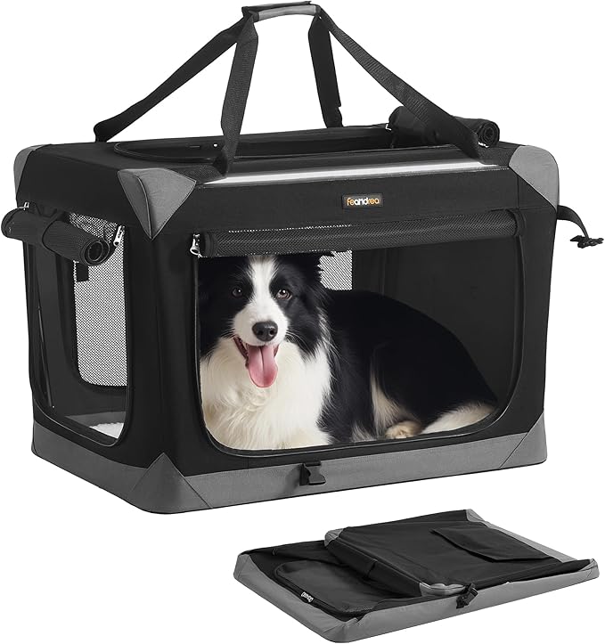 Feandrea Collapsible Dog Crate, Portable Oxford Fabric Pet Travel Crate with 4 Mesh Doors, Handles, Pocket, 30 Inches, for Medium Dogs, Ink Black and Dove Gray UPDC027BH01 by FeandreabySONGMICSHOME