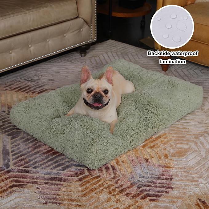Bedfolks Waterproof Dog Crate Bed, Plush Large Dog Pad, 35"x23", Sage Green | Faux Fur Plush Cover, Removable Washable Outer, Waterproof Inner Lining, Non-Slip Base, Crate Pad and Dog Pillow - Image 2