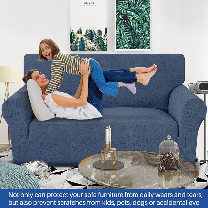 YEMYHOM Couch Cover Latest Jacquard Design High Stretch Sofa Covers for 2 Cushion Couch, Pet Dog Cat Proof Loveseat Slipcover Non Slip Elastic Furniture Protector (Medium, Begonia Leaf Navy) - Image 2