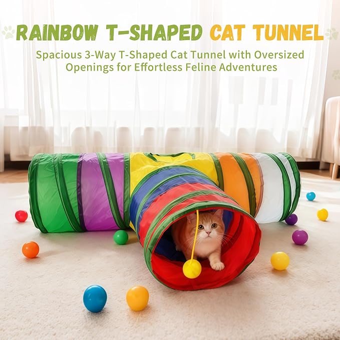 Cat Tunnel,Cat Tunnels for Indoor Cats Interactive, Pet Tunnel Toys for Cats Kitten Rabbits,3 Way Collapsible,Rainbow L 32" T Shape - Image 2