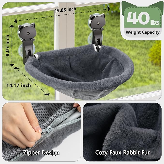 2 Pack Cat Window Perch Cordless, Kitty Hammock with Sunken Design Foldable & Stable Cat Beds- Breathable Window Hammock for Overlooking, Sunbathing and Climbing - Maximum Hold Up to 40lb - Image 5