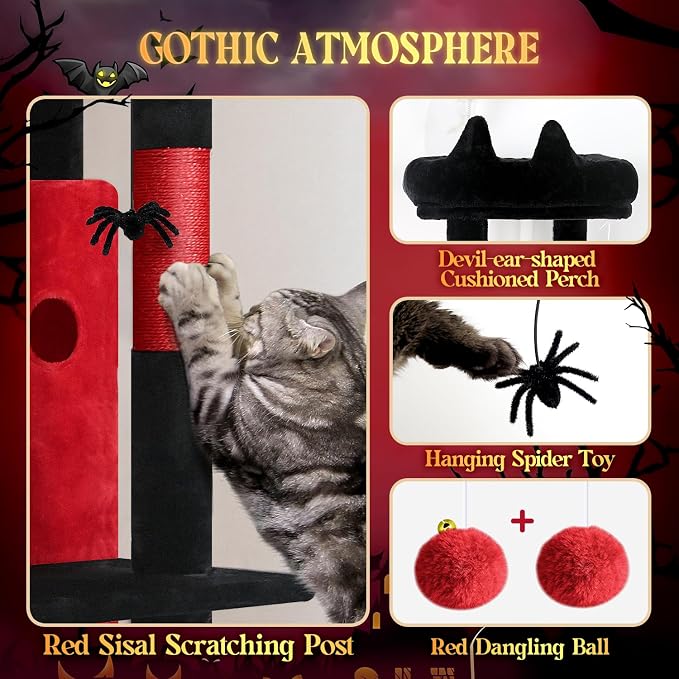 Globlazer Gothic Cat Tree Tower for Indoor Cats, 50-inch Goth Adult Cat Tree House for Large Adult Cats with Steps, Scratching Post, 2 Cat Caves, Dangling Toys, FC50, Blood-Goth - Image 5