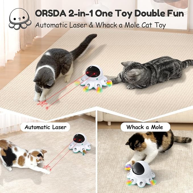 ORSDA Cat Laser Toy, 2-in-1 Interactive Automatic Motion Activated Moving 8 Holes Whack A Mole Feather, USB Rechargeable Electronic Smart Sensor Kitten Toys for Indoor Exercise - Image 2