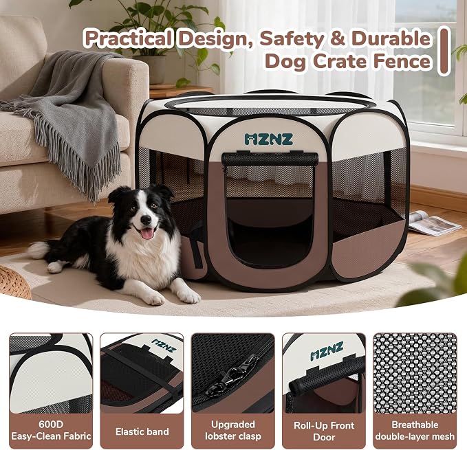 Dog Cat Small Animal Puppy Playpen Crate, Large, Brown | Portable Pop Up Pet Cage Enclosure Tent Kennel Indoor Outdoor with Carrying Case, No Assembly, Camping Use - Image 7