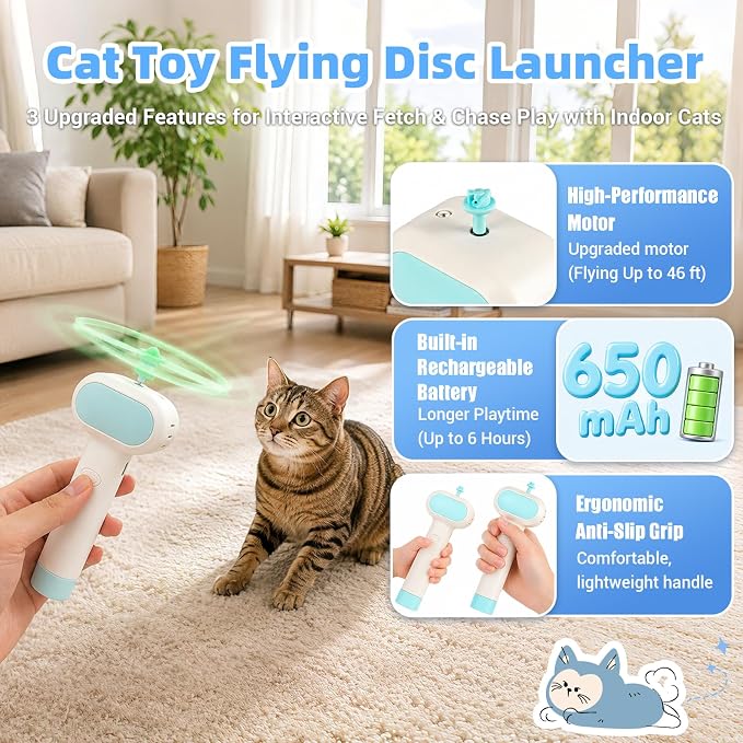 Cat Fetch Toy with Flying Disc Launcher, Rechargeable & Large-capacity | Interactive Cat Chase Hunting Tracking Toy with 5 Soft & Flexible Discs, Flying Disc Toy for Indoor Bored Kitten & Adult Cat - Image 2