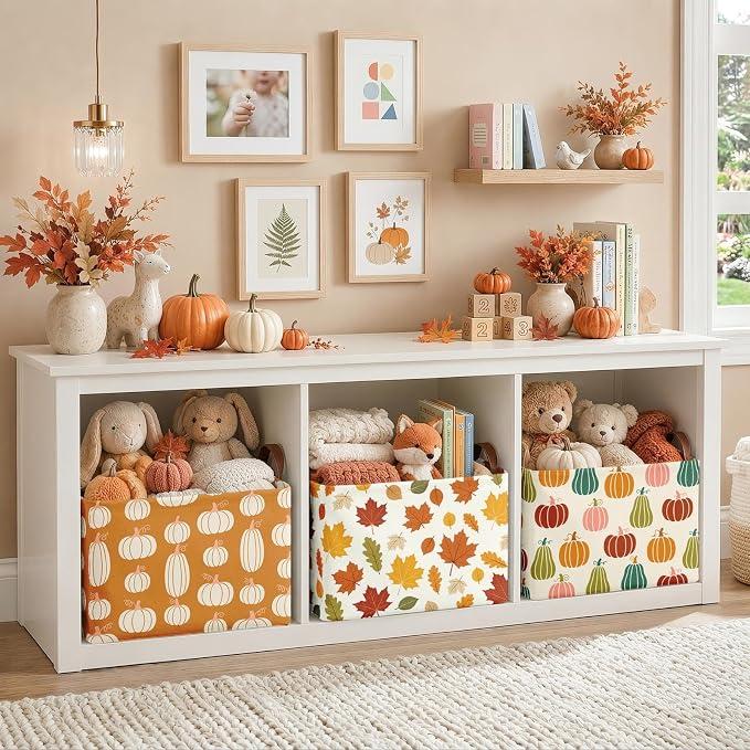 Britimes Fall Pumpkin Storage Baskets for Gift, Toy Storage Bins Box, 3Pcs | Autumn Harvest Canvas Collapsible Baskets Organizer with Handles Fall Nursery Decor Laundry Basket for Shelves Closet - Image 2