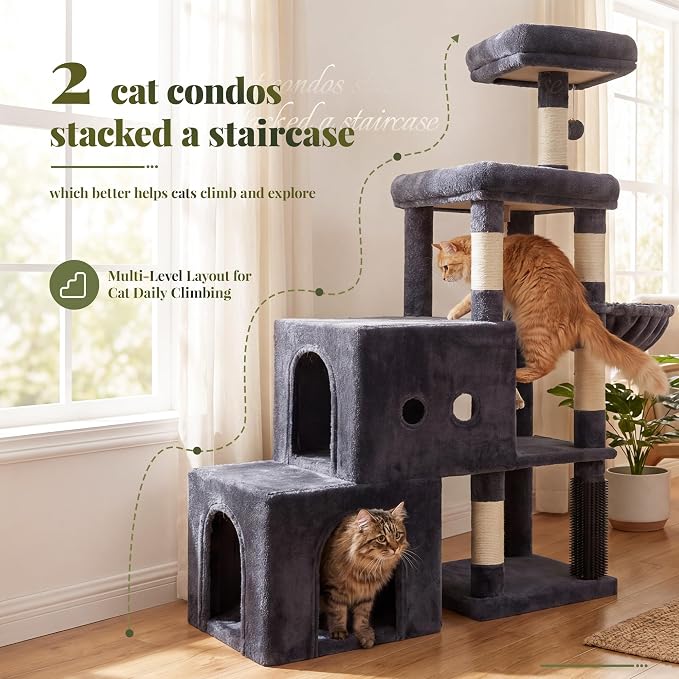 Hey-brother Cat Tree Tower with Steped Climbing Condos, Platforms, MPJ061G | 51.2 Inches Scratching Posts with 2 Spacious Condos, Self-Grooming Brush, Cozy Basket, Balls for Indoor Cats, Smoky Gray - Image 3