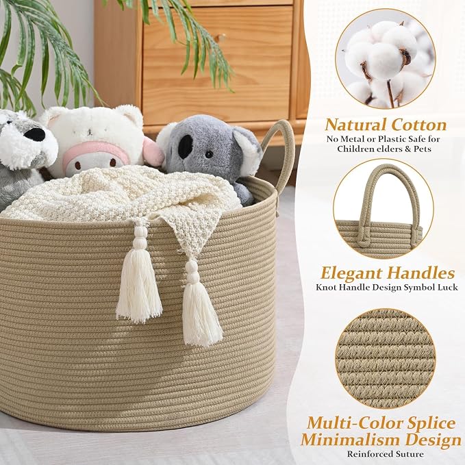 67L Large Woven Blanket Basket, Cotton Rope Baby Laundry Hamper with Handles, Kids Toy Basket for Classroom & Nursery, Soft Round Stuffed Animal Storage, Dog Toy Bin - 20"x13", Brown - Image 3